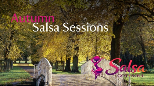 A photography of the white bridge at Morden Hall Park in autumn looking down an avenue of trees with golden leaves. There is text over the top that says Autumn Salsa Sessions and a logo Salsa Got Soul in the bottom right hand corner.